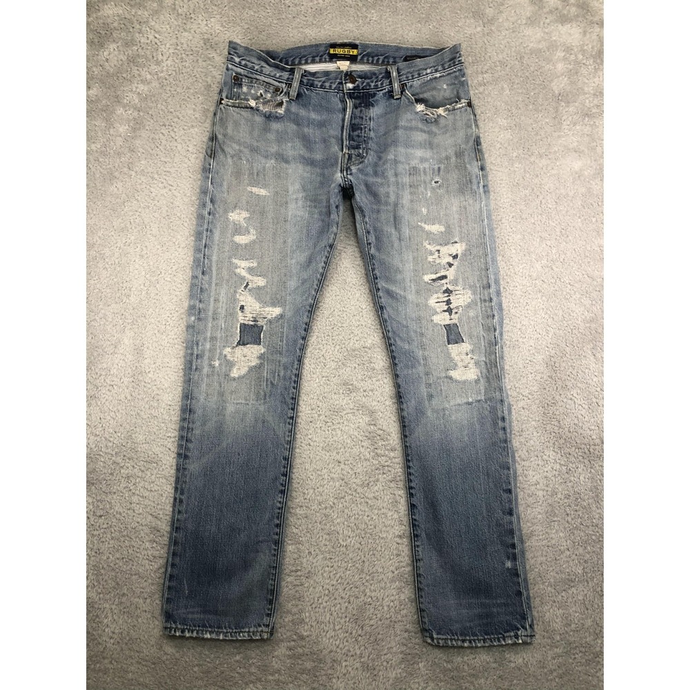 Ralph Lauren Rugby Jeans Men 34x32 Blue Vintage Slim Distressed Button Fly Denim